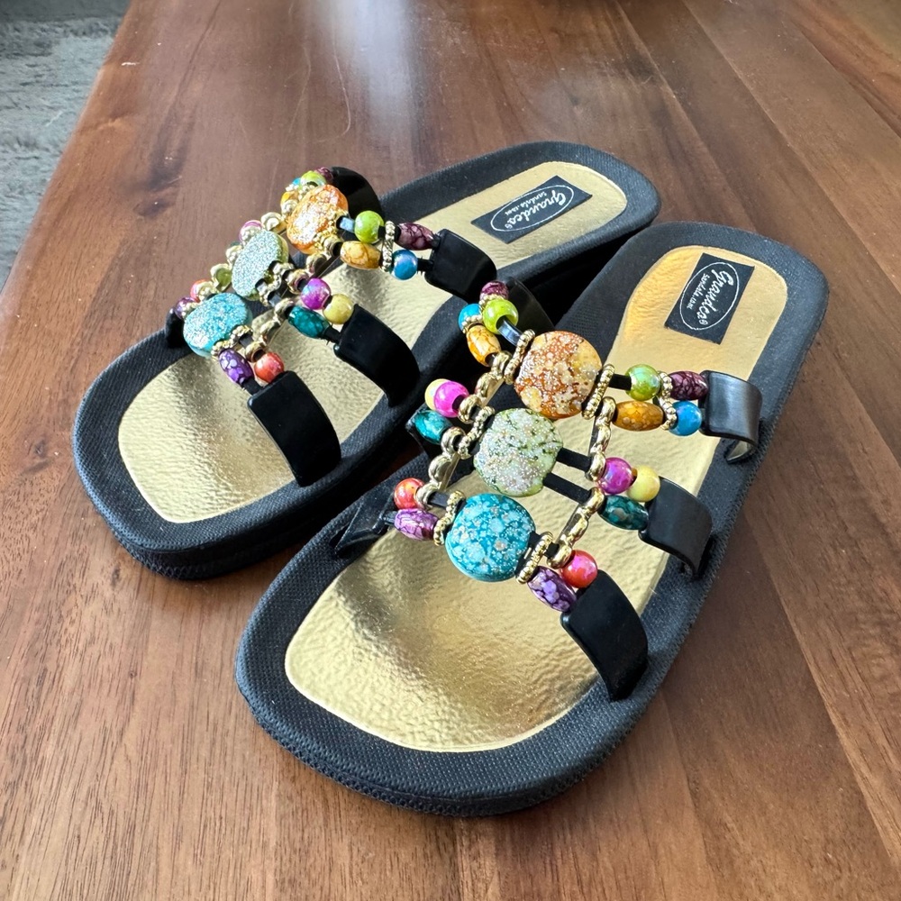 Grandco Colorful Beaded Sandals with Black Straps